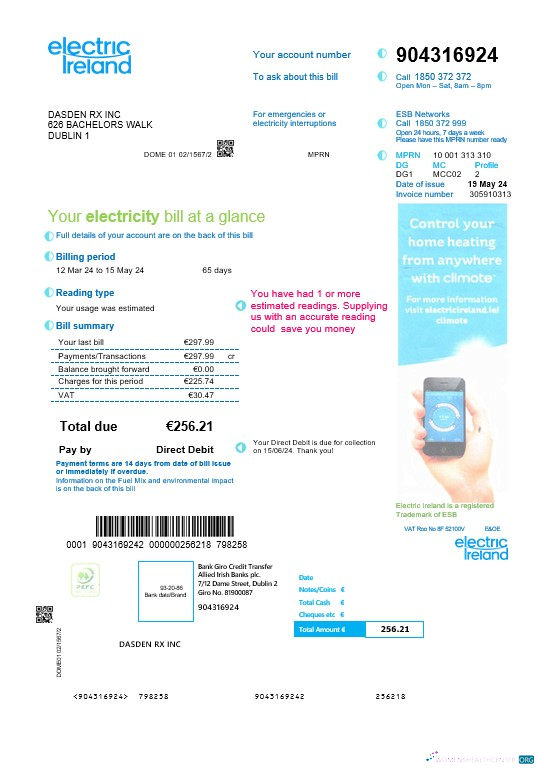 Download Ireland Electric Ireland business utility bill template in Word and PDF formats Photoshop template